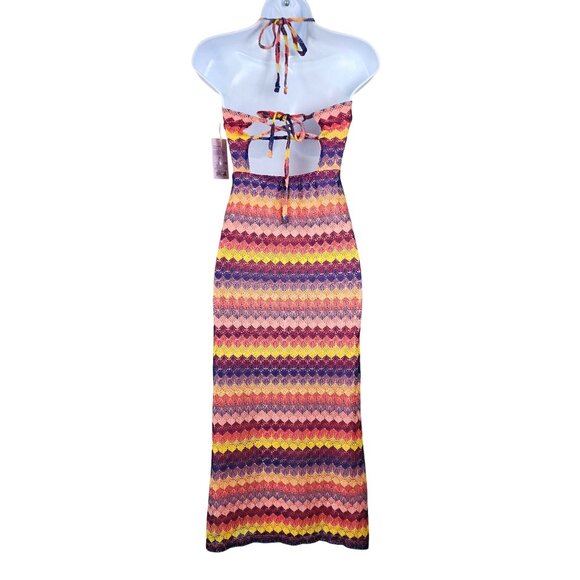 Wild Fable Womens Multicolor Halter Maxi Dress XS Back Tie Boho Crocheted Lined - Picture 4 of 11